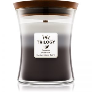 Woodwick Trilogy Warm Woods świeczka zapachowa z drewnianym knotem 275 g