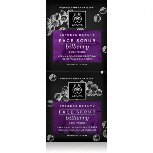 Apivita Express Beauty Bilberry delikatny peeling do twarzy dla natychmiastowego rozświetlenia 2×8 ml