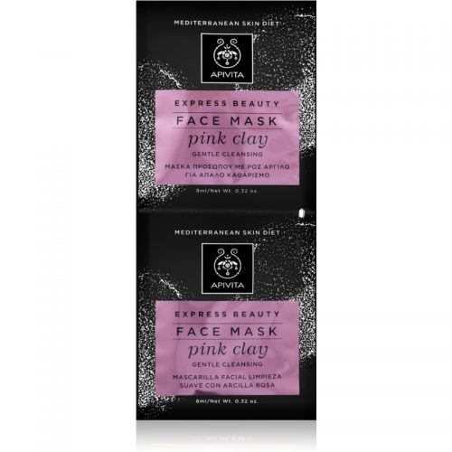 Apivita Express Beauty Pink Clay delikatnie oczyszczająca maseczka do twarzy dla natychmiastowego rozświetlenia 2×8 ml